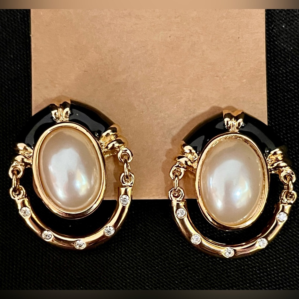 VTG André Courrèges Paris 80s Gold Black Pearl Door Knocker Clip On Earrings - Picture 12 of 17